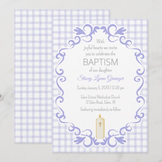 005 Iris Scroll Gingham Cross Candle Baptism 招待状 (正面/裏面)