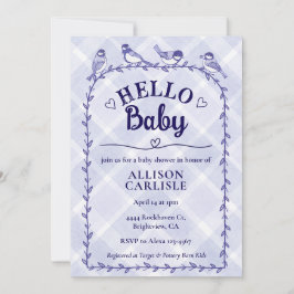 005 Iris Watercolor Gingham Birds Baby Shower 招待状