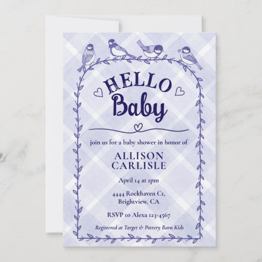005 Iris Watercolor Gingham Birds Baby Shower 招待状 (正面)