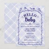 005 Iris Watercolor Gingham Birds Baby Shower 招待状 (正面/裏面)