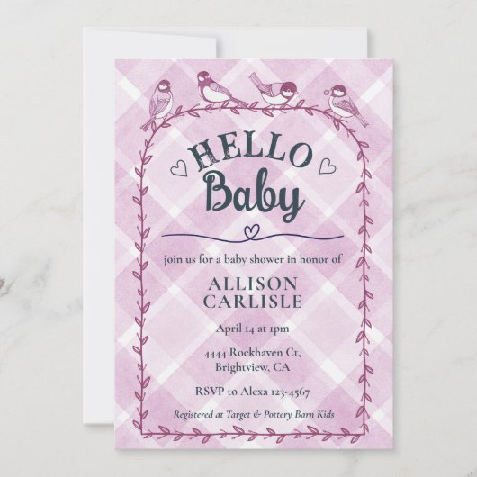 006 ワインカラーの水彩ギンガム鳥のベイビーシャワー 招待状 (正面)