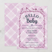 006 ワインカラーの水彩ギンガム鳥のベイビーシャワー 招待状 (正面/裏面)