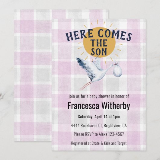 006 Wine 020 Fog Sun Plaid Stork Baby Shower 招待状 (正面/裏面)