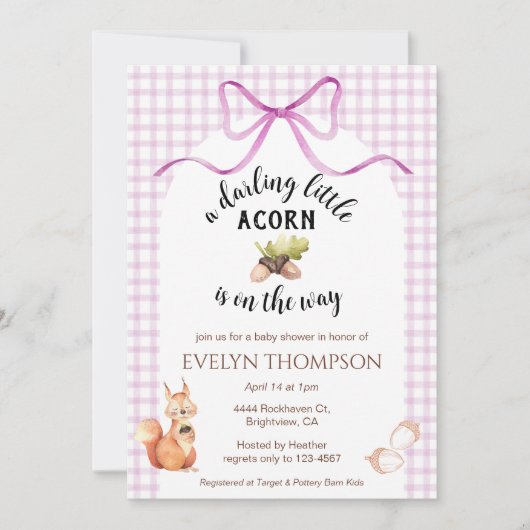 006 Wine Cute Squirrel Acorn Gingham Baby Shower 招待状 (正面)