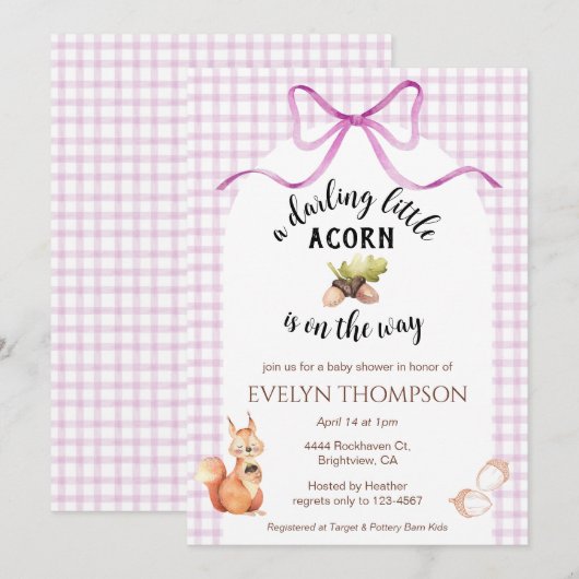 006 Wine Cute Squirrel Acorn Gingham Baby Shower 招待状 (正面/裏面)