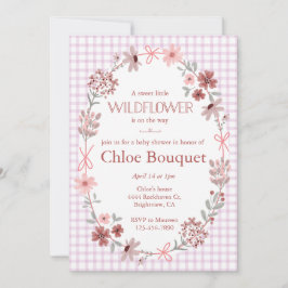 006 Wine Purple Wildflower Bow Gingham Baby Shower 招待状