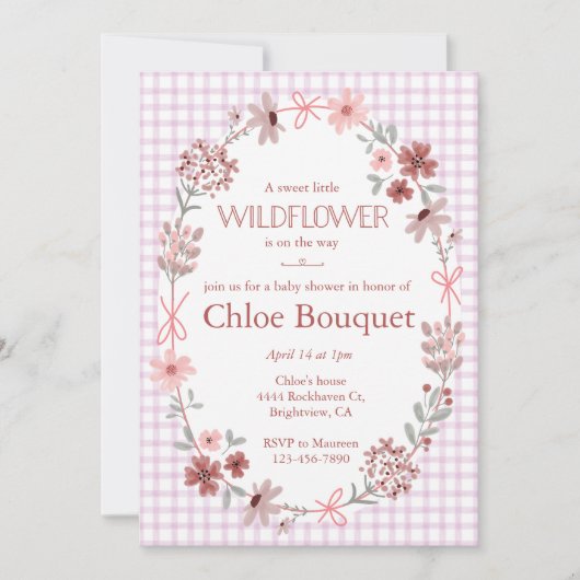 006 Wine Purple Wildflower Bow Gingham Baby Shower 招待状 (正面)