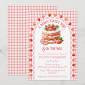 007 赤いチェックの苺のショートケーキ ベビーシャワー 招待状 (正面/裏面)