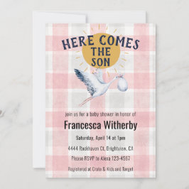 007 Red 020 Fog Sun Plaid Stork Baby Shower 招待状