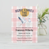 007 Red 020 Fog Sun Plaid Stork Baby Shower 招待状 (スタンド正面)