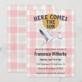 007 Red 020 Fog Sun Plaid Stork Baby Shower 招待状 (正面/裏面)