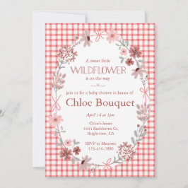 007 Red Boho Wildflower Bow Gingham Baby Shower 招待状
