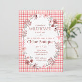 007 Red Boho Wildflower Bow Gingham Baby Shower 招待状 (スタンド正面)
