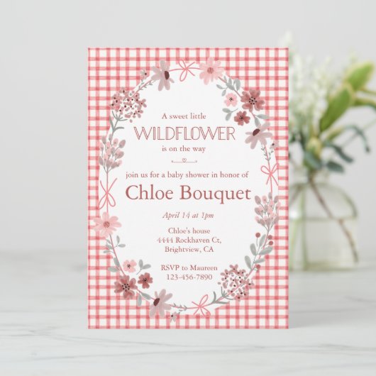 007 Red Boho Wildflower Bow Gingham Baby Shower 招待状 (スタンド正面)