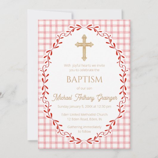 007 Red Botanical Vine Ornate Cross Baptism 招待状 (正面)