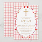 007 Red Botanical Vine Ornate Cross Baptism 招待状 (正面/裏面)