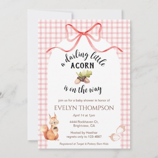 007 Red Cute Squirrel Acorn Gingham Baby Shower 招待状 (正面)