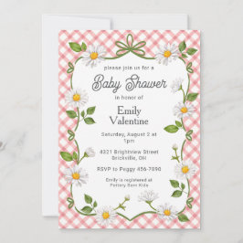 007 Red Floral Daisy Plaid Baby Shower 招待状