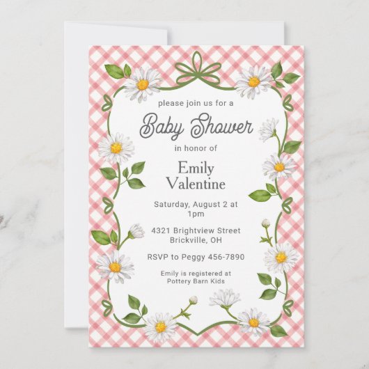 007 Red Floral Daisy Plaid Baby Shower 招待状 (正面)