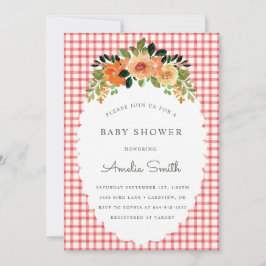 007 Red Floral Gingham Baby Shower Invitations 招待状