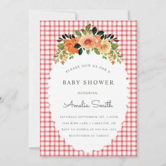 007 Red Floral Gingham Baby Shower Invitations 招待状 (正面)