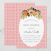 007 Red Floral Gingham Baby Shower Invitations 招待状 (正面/裏面)