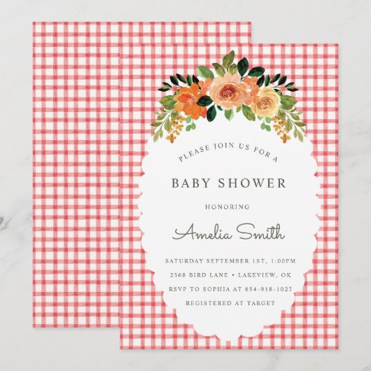 007 Red Floral Gingham Baby Shower Invitations 招待状 (正面/裏面)
