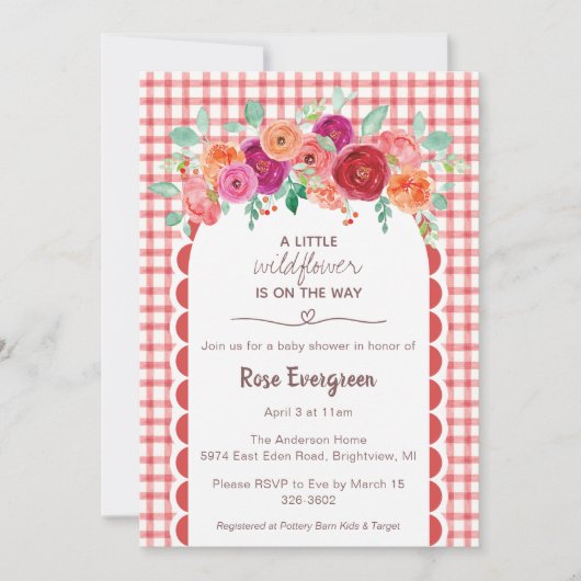 007 Red Gingham Watercolor Wildflower Baby Shower 招待状 (正面)