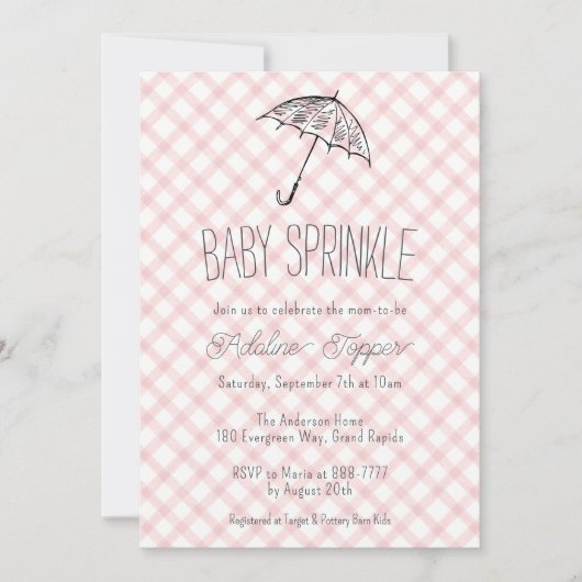 007 Red Modern Umbrella Gingham Baby Sprinkle 招待状 (正面)