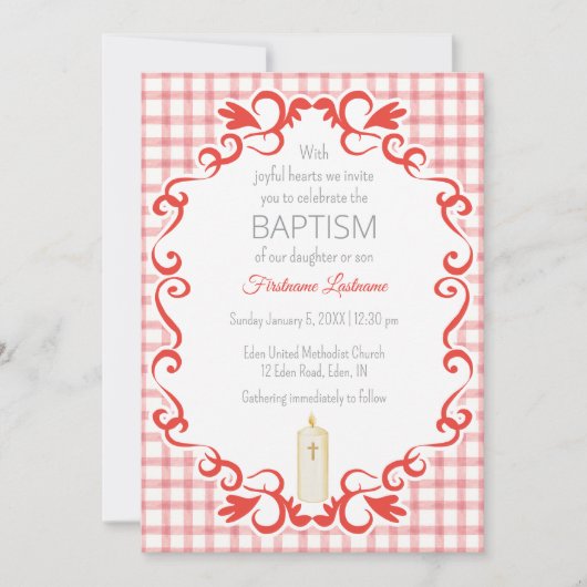 007 Red Scroll Gingham Cross Candle Baptism 招待状 (正面)