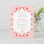 007 Red Scroll Gingham Cross Candle Baptism 招待状 (スタンド正面)