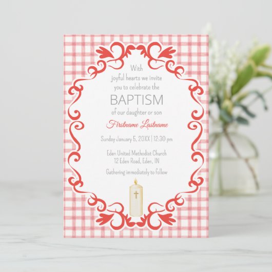 007 Red Scroll Gingham Cross Candle Baptism 招待状 (スタンド正面)