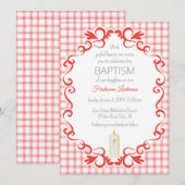 007 Red Scroll Gingham Cross Candle Baptism 招待状 (正面/裏面)