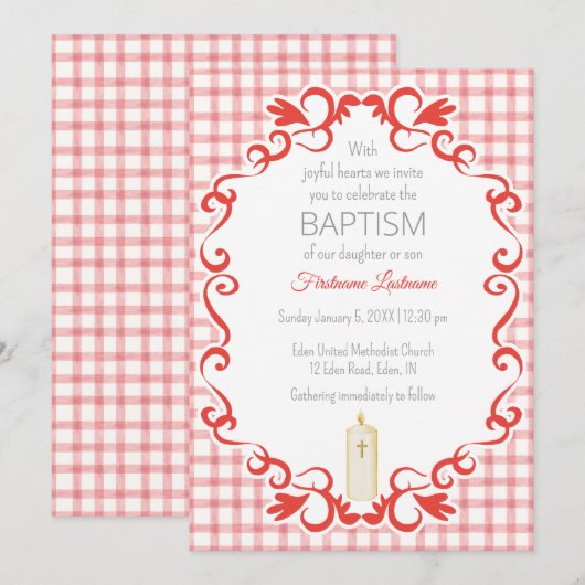 007 Red Scroll Gingham Cross Candle Baptism 招待状 (正面/裏面)