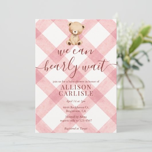 007 Red Teddy Bear Gingham Baby Shower 招待状 (スタンド正面)