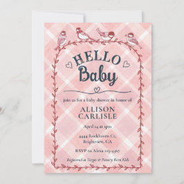 007 Red Watercolor Gingham Birds Baby Shower 招待状