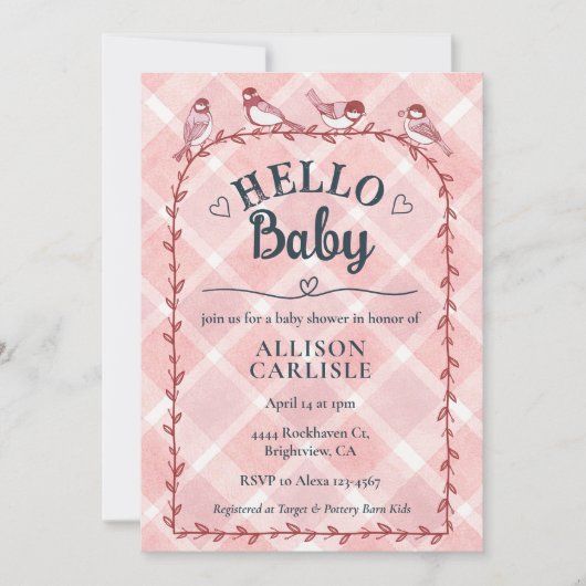 007 Red Watercolor Gingham Birds Baby Shower 招待状 (正面)