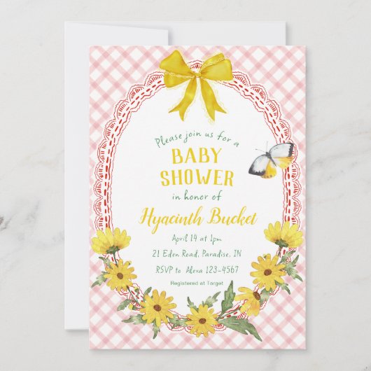 007 Red Yellow Daisy Bow Gingham Baby Shower 招待状 (正面)