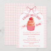 008 ほのかなピンクのイチゴの甘いお姫様 赤ちゃんのお披露目パーティー 招待状 (正面/裏面)