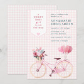 008 ほのかなピンクの花の女の子の自転車ベイビーシャワー 招待状 (正面/裏面)