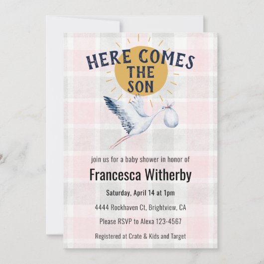 008 Blush 020 Fog Sun Plaid Stork Baby Shower 招待状 (正面)