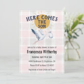 008 Blush 020 Fog Sun Plaid Stork Baby Shower 招待状 (スタンド正面)