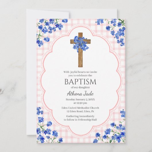 008 Blush Pink Blossom Rustic Cross Design Baptism 招待状 (正面)