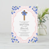 008 Blush Pink Blossom Rustic Cross Design Baptism 招待状 (スタンド正面)