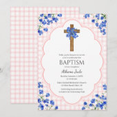 008 Blush Pink Blossom Rustic Cross Design Baptism 招待状 (正面/裏面)