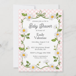 008 Blush Pink Floral Daisy Plaid Baby Shower 招待状