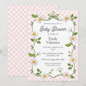 008 Blush Pink Floral Daisy Plaid Baby Shower 招待状 (正面/裏面)