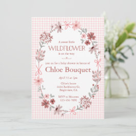 008 Blush Pink Wildflower Bow Gingham Baby Shower 招待状