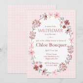 008 Blush Pink Wildflower Bow Gingham Baby Shower 招待状 (正面/裏面)