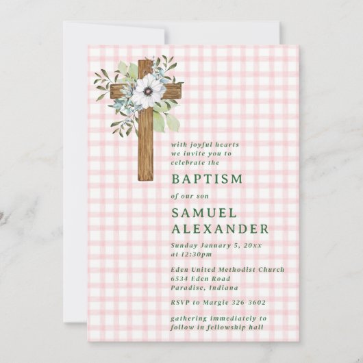 008 Blush Rustic Greenery Wooden Cross Baptism 招待状 (正面)